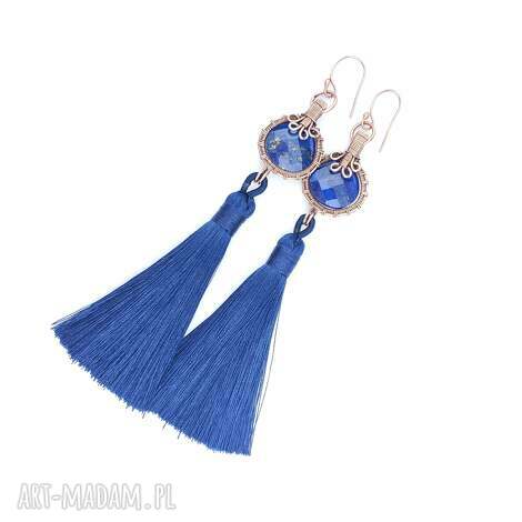 Długie kolczyki z lapis lazuli i chwostem - miedź oksydowana, wire wrapping