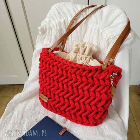 Czerwona torba koszyk na ramię z sznurka bawełnianego - handmade