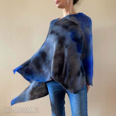Ponczo z wełny merino blue&gray - ręcznie barwiona narzutka tunika sweter one size