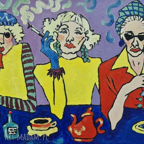 Obraz olejny „Osobliwe towarzystwo” - karykatura 30 x 42 cm, sygnowany