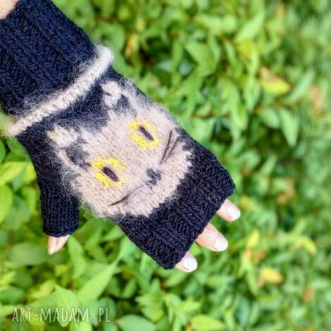 Mitenki w kotki - czarne rękawiczki bez palców handmade, ogrzewacz dłoni