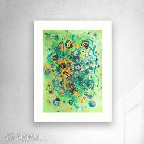 Oryginalna grafika abstrakcyjna 30x40 cm - zielone, czarne i złote akcenty