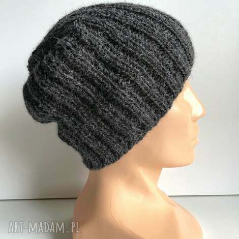czapka męska zrobiona na drutach laurin 100 alpaka 506 ciemny szary, czapka zimowa