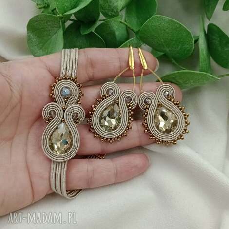 Beżowy szampański komplet biżuterii - kolczyki taupe i bransoletka na wesele (soutache) - art-Madam.pl