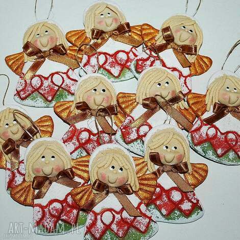 Komplet 10 aniołków z masy solnej - ozdoby choinkowe handmade