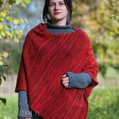 ponczo czerwono - pomarańczowo bordowe melanż, poncho, sweter damski, oversize