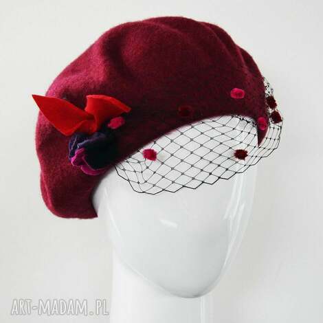 bordowy beret - woalka, bordo