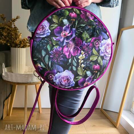 Okrągły plecak 2w1 fioletowe kwiaty - plecak i torebka handmade (format A4)