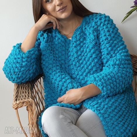 mondu blue chunky sweter, dziergany gruby druty