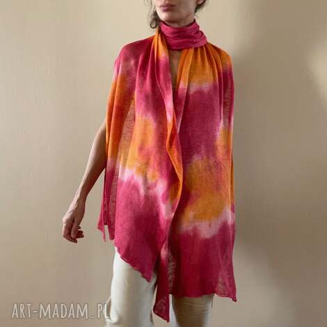 lniany szal orange red, len, prezent, ręcznie barwiony unikat