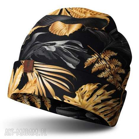 Nashani, czapka beanie jesienno - zimowa w złote liście, bawełna, dzianina, dresówka