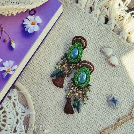 Kolczyki sutasz boho chic - zielone i brązowe