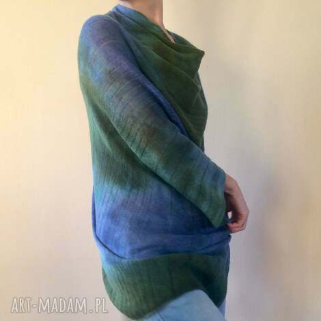 Narzutka wełniana poncho blue&green - ręcznie barwiona jagnięca wełna art-Madam.pl