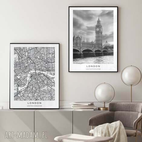 Zestaw 2 plakatów 40x50 cm Londyn - mapa miasta, czarno-białe