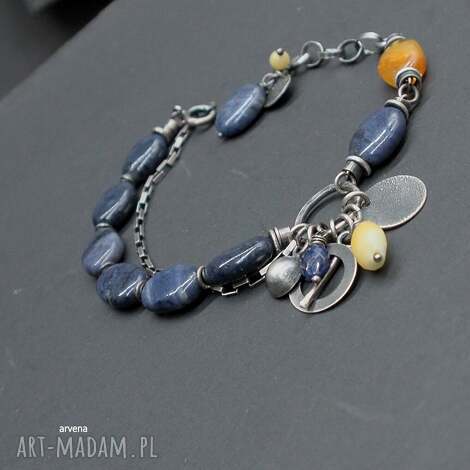 arvena dumortieryt, bursztyn - bransoletka biżuteria autorska srebro oksydowane