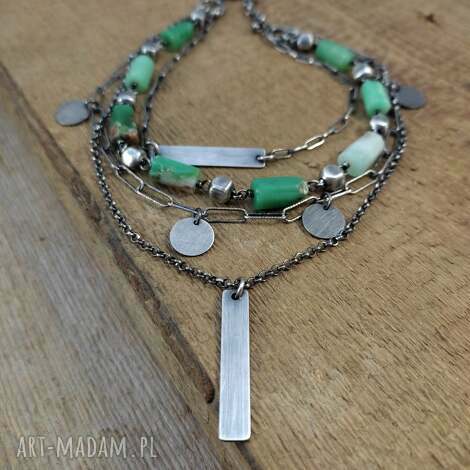 Naszyjnik warstwowy z chryzoprazu w srebrze 925 oksydowanym - handmade