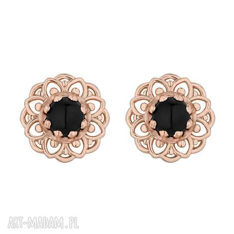 kolczyki z różowego złota z onyksami, pozłacany, czarny onyks, kamień