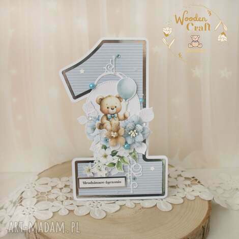 Urodzinowa kartka cyferka 1 Baby Blue 2 na roczek z pudełkiem - handmade