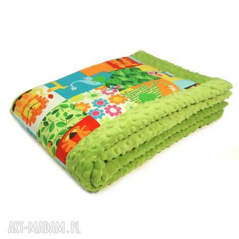 kocyk minky z wypełnieniem i haftem zielony dżungla - mata, rożek zwierzatka