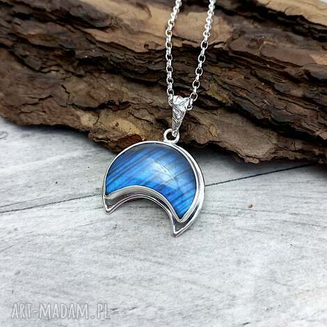 błękitna lunula, księżyc labradoryt srebro, naszyjnik, wisior