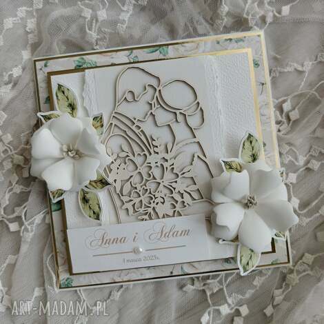 Kartka ślubna handmade Rodzinny Czas - scrapbooking biel, złoto, zieleń z personalizacją