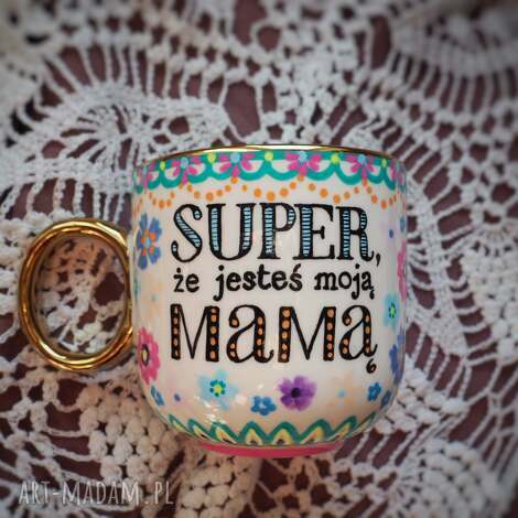 Ręcznie malowany kubek Super Mama - porcelana 380 ml | art-Madam.pl