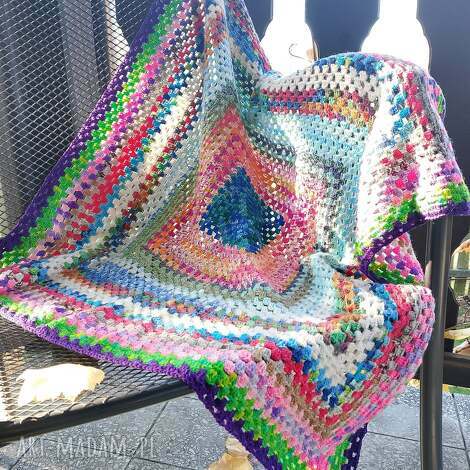 Kolorowy kocyk kwadrat na szydełku 85 x 85 cm - handmade
