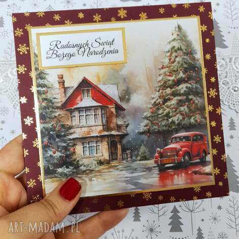 NawiasOtwartyOdSerca: kartka świąteczna z kieszonką, bordowo - złota z zimową scenką