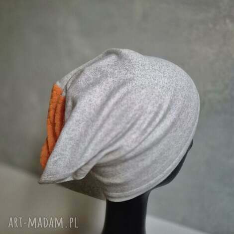 Ruda Klara - czapka dzianinowa szaro - pomarańczowa na podszewce rozmiar m rozciągliwa
