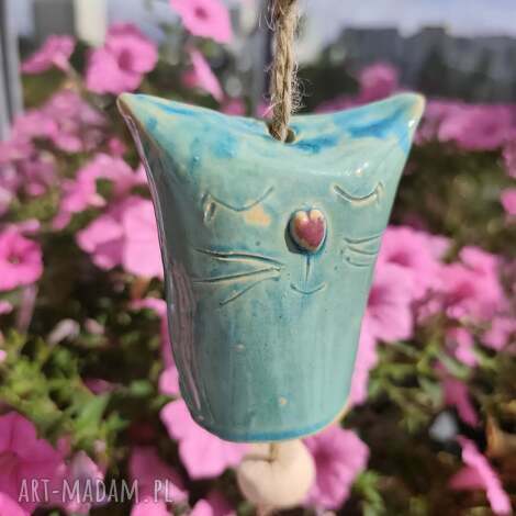 Dzwonek ceramiczny kotek - turkusowa ozdoba handmade