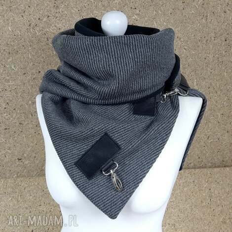 ciepły wełniany szal - szary prążek ze skórzanymi zapinkami unisex szalik