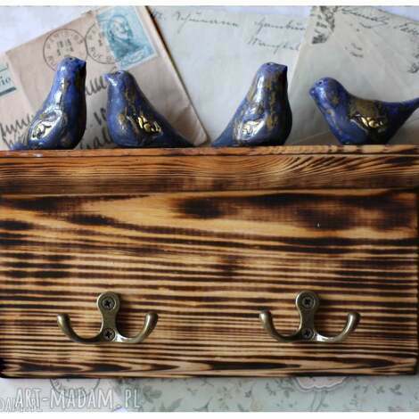 Półeczka-wieszaczek z granatowymi ptaszkami - handmade ceramika art-Madam.pl
