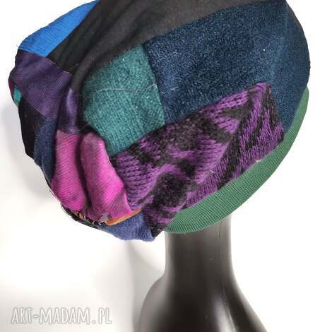 Czapka Smerfetka patchworkowa - turbanowy kształt, uniwersalna