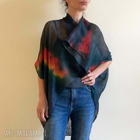 Lniany kardigan „kokon” ciemny z kolorem - handmade one size S/M