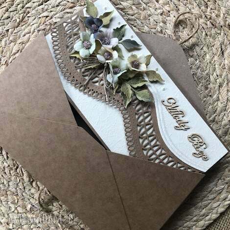 Kartka ślubna eco handmade - rustykalne kwiaty, kieszonka i koperta 3D