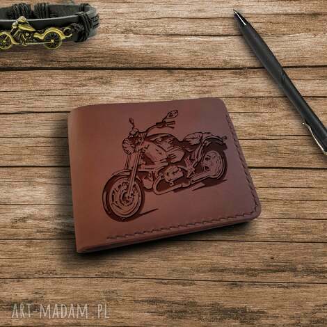 Portfel męski skórzany z grawerem motocykla - prezent dla motocyklisty handmade