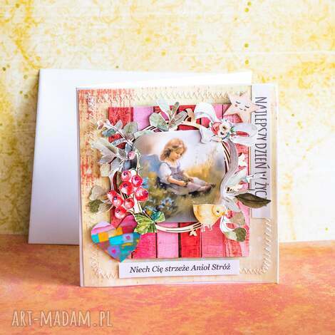Rustykalna kartka na chrzest - Anioł Stróż scrapbooking handmade