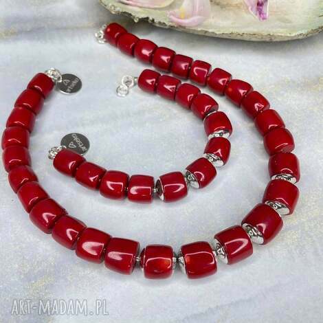 srebrny komplet z koralem a1165, czerwony naszyjnik