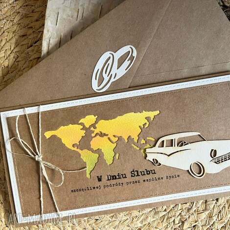 Kartka ślubna handmade z samochodem retro - klimat eco kraft