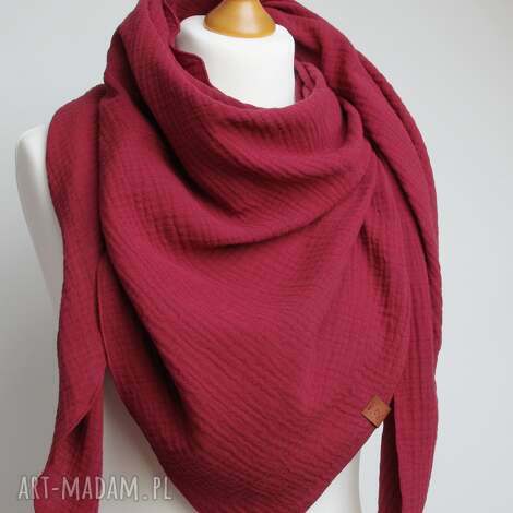 muślinowa chusta damska bordowa - trójkątny szal z bawełny miękka