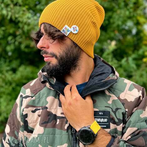 męska luźna czapka z bawełny logo kolorowe miodowa musztarda, luźna