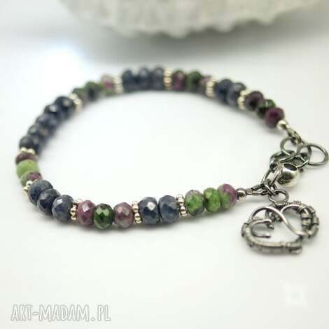 Bransoletka Rokian z szafirami i rubinami z zoizytem - srebro 925/999, wire wrapping