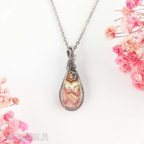 Naszyjnik Rodochrozyt ze stali chirurgicznej - wire wrapping handmade