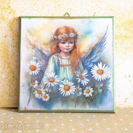 obrazek kwadratowy - anioł w rumiankach, anioł stróż dziewczynka chrzest