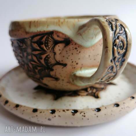komplet mandala w mięcie 2, ceramika rękodzieło kubek z gliny, filiżanka do kawy