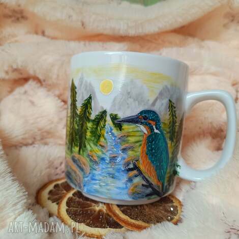 Porcelanowy kubek ręcznie malowany - zimorodek przy źródle słonecznym, 270 ml