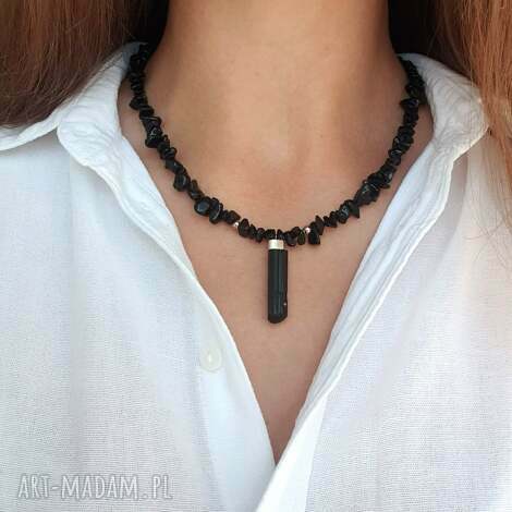 naszyjnik w czerni - obsydian i turmalin, zawieszka turmalin, sieczka