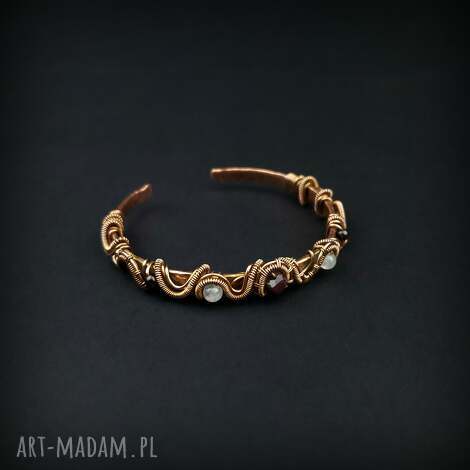 Miedziana bransoleta mankietowa z granatem i różowym kwarcem - handmade cuff
