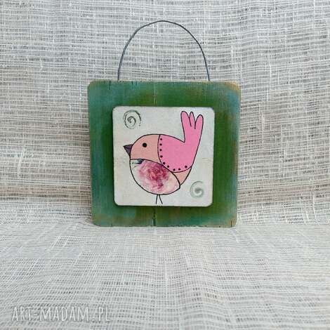 obrazek na drewnie rose bird, prezent handmade ptaszkiem, dekoracja