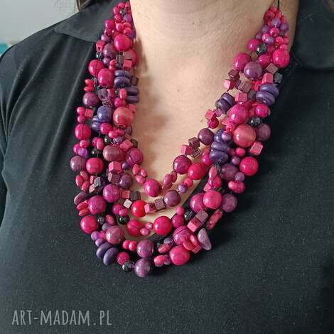 fuksjowe korale pieciosznurowe, różowy naszyjnik, fioletowo różowe fioletowy